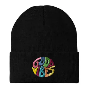 GOOD VIBES Stickerei Strickmütze Acryl Warm Winter Mode Weich Einfarbig Skull Cap Damen Herren