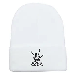 White knit beanie with black Rock hand gesture embroidery and text on the cuff