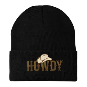 Women Men HOWDY Cowboy Hat Embroidery Knitted Beanie Hat Acrylic Winter Warm Ribbed Cuff Slouchy Skull Cap Outdoor Casual