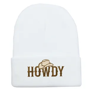 White knitted beanie with brown HOWDY cowboy hat embroidery for autumn winter warmth