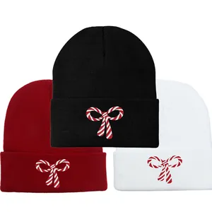 Berretto in Maglia da Donna con Ricamo a Fiocco Strisce di Bastoncino di Zucchero Invernale Caldo in Acrilico Cappello Natalizio