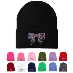 Berretto in Maglia di Acrilico per Donna Uomo Stile Giapponese Fiocco Colorato Ricamato Caldo a Costine Cappello Invernale Outdoor