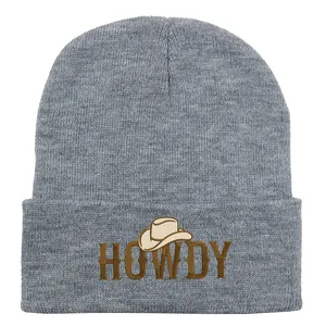Gray HOWDY embroidered beanie with cowboy hat logo for winter warmth and outdoor style