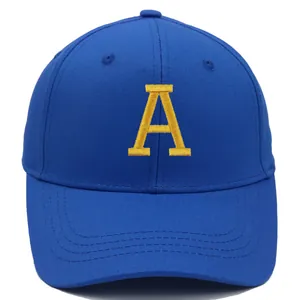 Casquette de baseball bleu marine avec broderie lettre A jaune en coton sergé premium