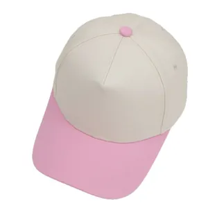 Five-panel two-tone cotton baseball cap in beige and pink with adjustable plastic buckle