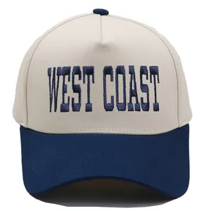 Retro West Coast embroidered two-tone trucker hat with beige cotton and navy blue curved brim