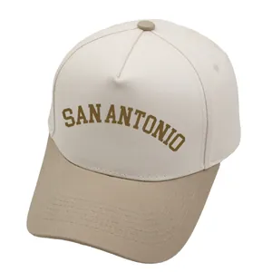 Two-tone SAN ANTONIO embroidered 5-panel baseball cap in cream and khaki twill fabric