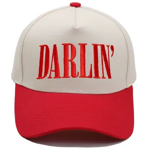 Vintage cotton trucker hat in beige and red featuring DARLIN' embroidery and curved brim