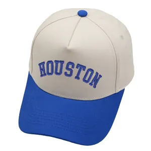 Detalle del bordado azul de Houston en la gorra de béisbol de algodón bicolor