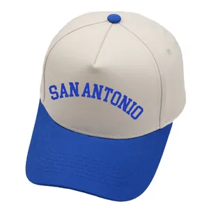 5-panel color block baseball cap with San Antonio embroidery in cream and blue colors