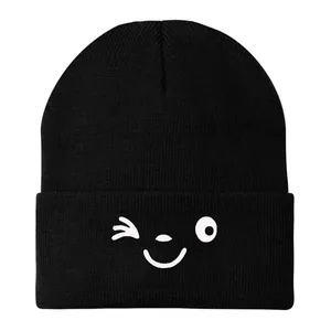 Women Smiley Face Embroidery Knitted Beanie Warm Winter Windproof Soft Acrylic Solid Color Thermal Skull Cap For Students