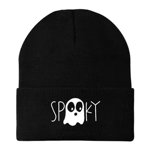 Bonnet noir en tricot avec broderie fantôme Spooky blanche pour style urbain Halloween