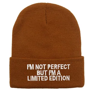 Nahaufnahme der weißen Stickerei auf der dunkelbraunen gerippten Strickmütze Beanie