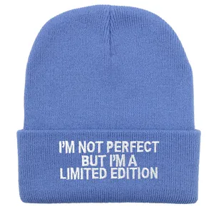 Blaue Strickmütze mit 'I'M NOT PERFECT' Stickerei auf dem Aufschlag für den Winter