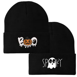 Bonnet en Tricot Brodé Citrouille Fantôme Halloween Acrylique Hiver Chaud Bonnet à Revers Pour Hommes Femmes Hip Hop