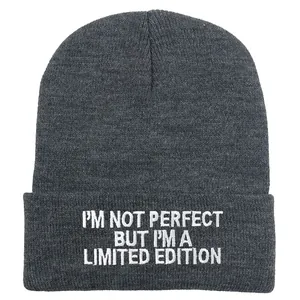 Dunkelgraue Beanie mit I'M NOT PERFECT Bestickung, stylische Herbst-Winter-Mütze