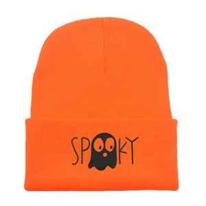 Bonnet en tricot orange Halloween avec broderie fantôme effrayant style urbain