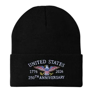 Black United States 250th Anniversary knit beanie with eagle and shield embroidery
