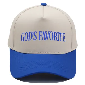 Beige-blaue Trucker Cap mit God's Favorite Stickerei und gebogenem Schirm
