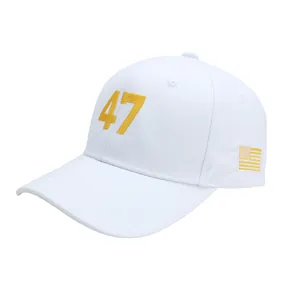 White embroidered 47 baseball cap with flag detail and curved brim for men and women