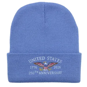 Close-up of the detailed United States 250th anniversary embroidery on a light blue beanie