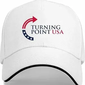 White structured baseball cap with Turning Point USA embroidery and black contrast brim edge