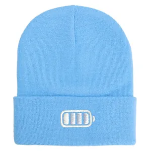 Light blue knitted beanie with battery embroidery for winter outdoor warmth and style