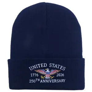 Dark blue US 250th Anniversary knit beanie with patriotic eagle embroidery