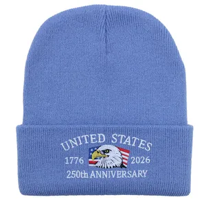 Blue knitted beanie with US Marine Corps eagle embroidery for 250th anniversary