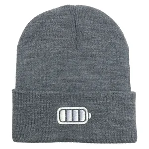 Detailed close-up of dark grey knitted beanie showing high-quality battery embroidery