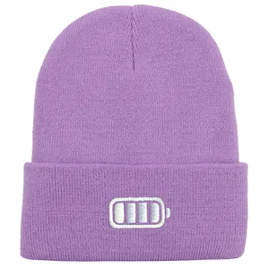 Close-up of lilac ribbed knit beanie with white battery icon embroidery detail