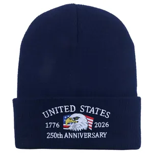 US Marine Corps 250th Anniversary navy blue knit beanie with eagle embroidery