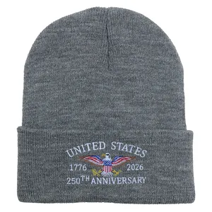 Gray knitted beanie featuring United States 250th Anniversary embroidery with bald eagle