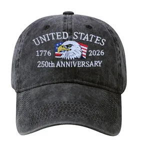 Gorra de algodón negro lavado con bordado del 250 aniversario de EE. UU., vista frontal