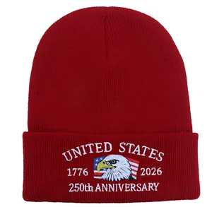 Dark red knit beanie with US Marine Corps 250th Anniversary eagle embroidery