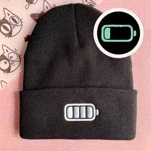 Luminous Battery Embroidery Knit Beanie Hat For Men Women Winter Warm Windproof Cuffed Beanie Soft Acrylic Outdoor Daily Cap