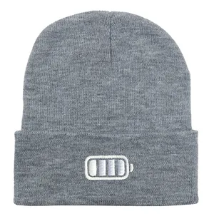 Gray knitted beanie with battery life embroidery for autumn and winter outdoor wind protection