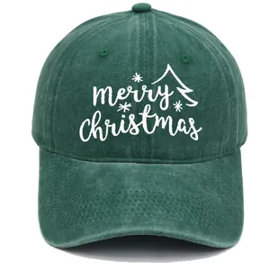 Casquette de baseball en coton lavé vert foncé brodée Merry Christmas avec motifs Noël