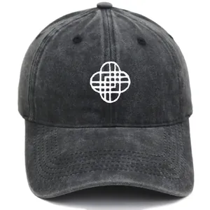 Vintage washed charcoal gray baseball cap with white geometric embroidery for casual wear