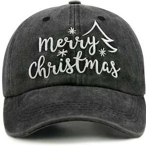 Casquette de Baseball en Coton Lavé Brodé Merry Christmas Motif Sapin de Noël Flocon de Neige Ajustable Pare-soleil Chapeau de Fête