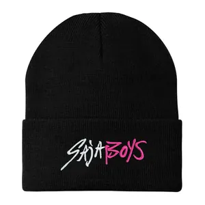 Kpop style black knitted beanie with SAJABOYS embroidery for street style winter warmth