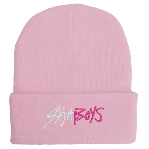 Pink Kpop-style knitted beanie with SAJA BOYS embroidery for street fashion
