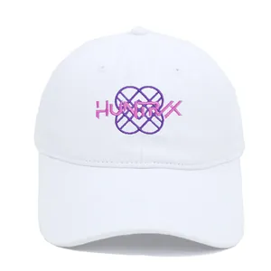 White baseball cap with pink HUNTRX embroidery and purple graphic on twill cotton