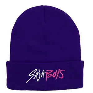 Deep purple knit beanie featuring SAJABOYS embroidery for winter warmth and street style
