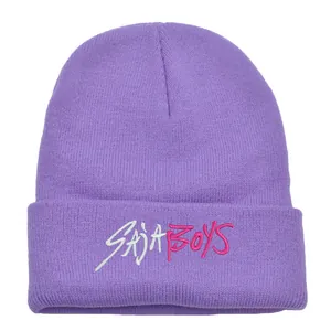 Purple Kpop knitted beanie with SAJA BOYS embroidery and stylish rolled cuff