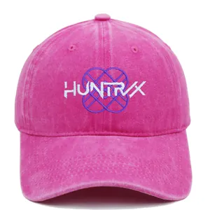 Vintage rose red washed cotton baseball cap featuring HUNTRVX embroidery and purple logo