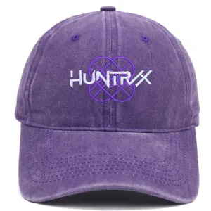 Vintage washed purple baseball cap with white HUNTRX embroidery and casual dad hat design