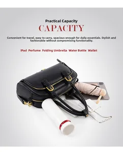 Interior view of black leather bowling bag showing large capacity for daily essentials