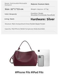 Detail view of burgundy tote bag dimensions 32x11x23cm showing internal pocket storage
