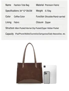 Tableau des tailles et vue intérieure du sac fourre-tout marron café avec comparaison iPad